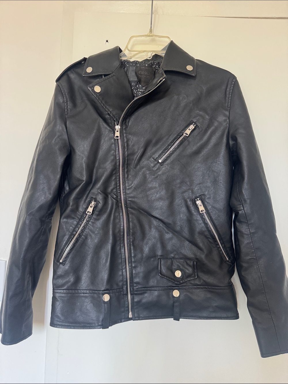 Men's Black Leather Biker Jacket with Asymmetrical Zip Faux